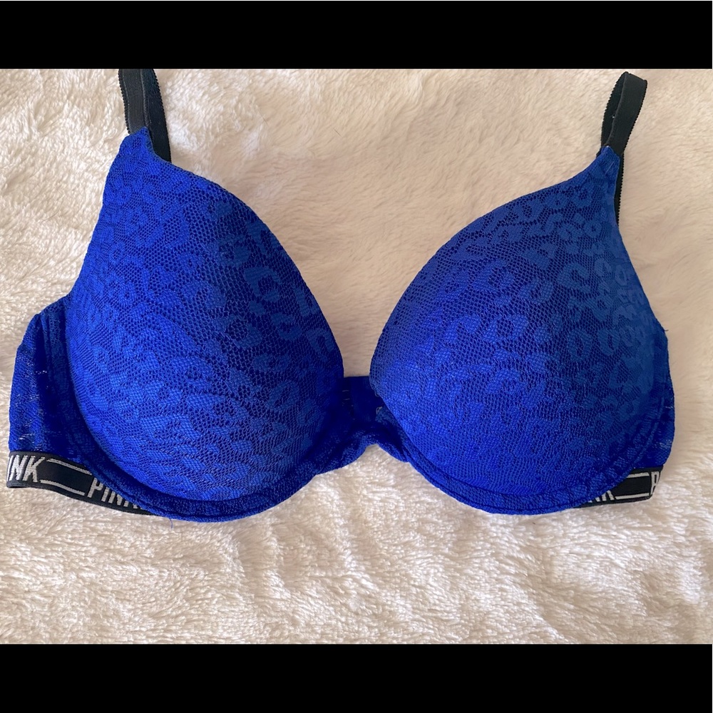 PINK- Royal blue leopard lace all over push-up bra